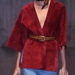 Massimo Dutti Suede Maroon Burgundy Kimono Wrap Belted Jacket